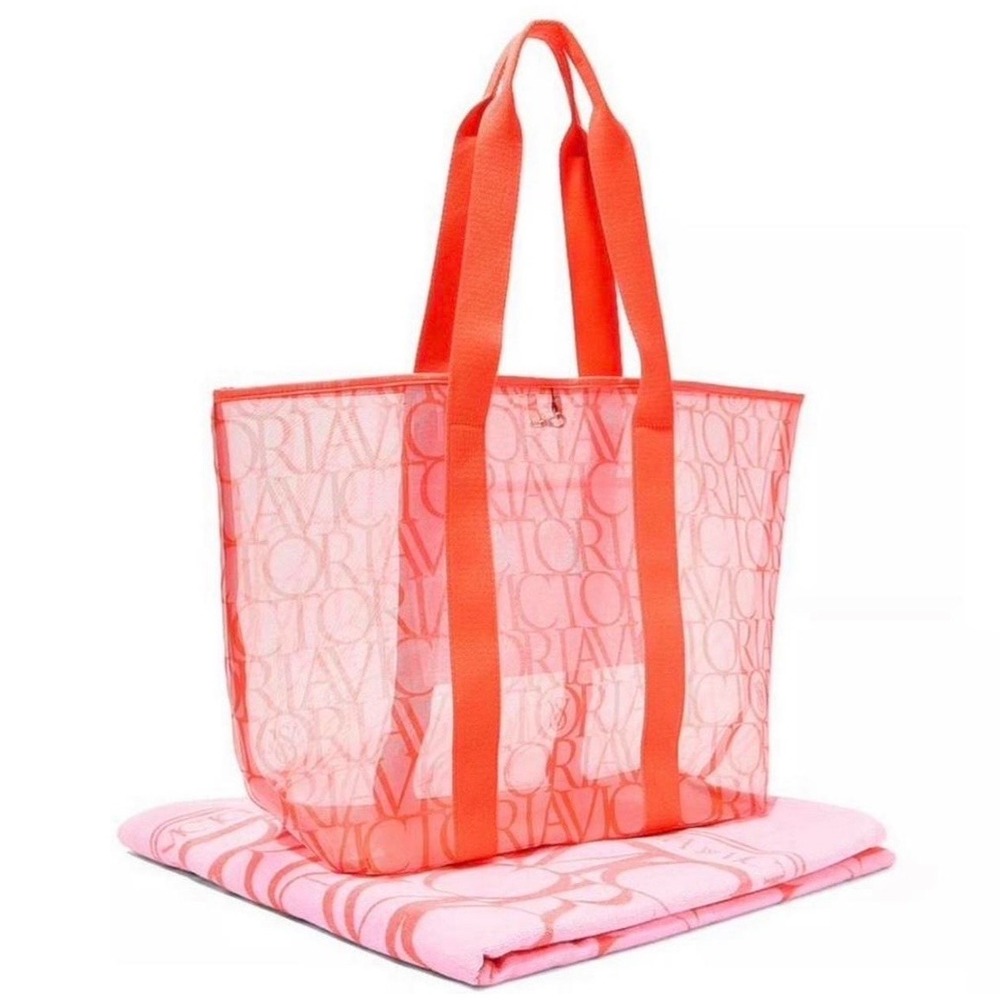 Victorias Secret Large Tote Bag Mesh Neon Coral Orange and Beach Towel - 2 Pcs